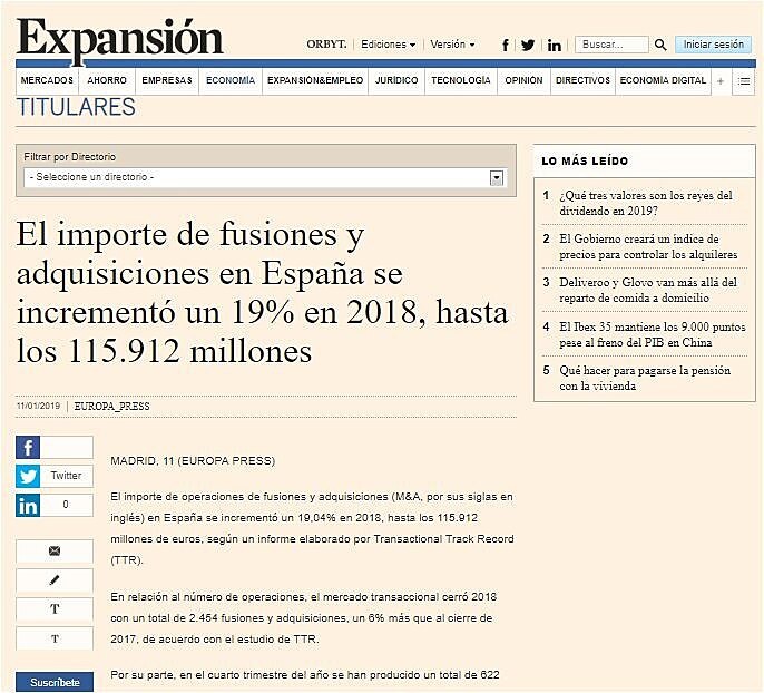 El importe de fusiones y adquisiciones en Espaa se increment un 19% en 2018, hasta los 115.912 millones